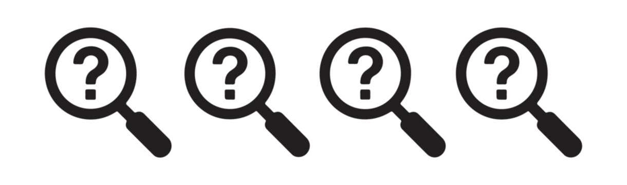 Question mark inside magnifying glass icons collection for support help and information search.