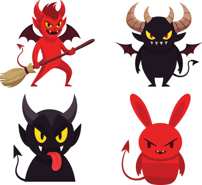 Cartoon Devil Character Collection Featuring Cute Demons Horned Monsters Halloween Mascots and Fantasy Creature Vector Illustration Set