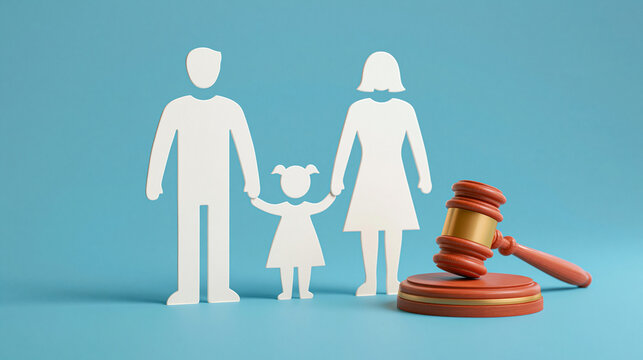 Family law concept with paper cut family figures and judge gavel representing child custody parental rights divorce proceedings and legal protection services