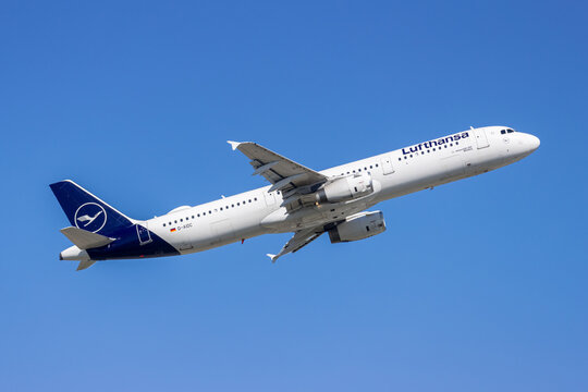 Lufthansa Airbus A321 airplane at Frankfurt airport in Germany