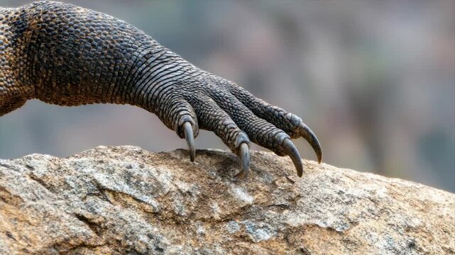 A close-up showcases a reptile's clawed foot resting on a textured rock surface