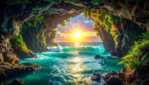 Tropical underwater cave illuminated by sunlight beams.