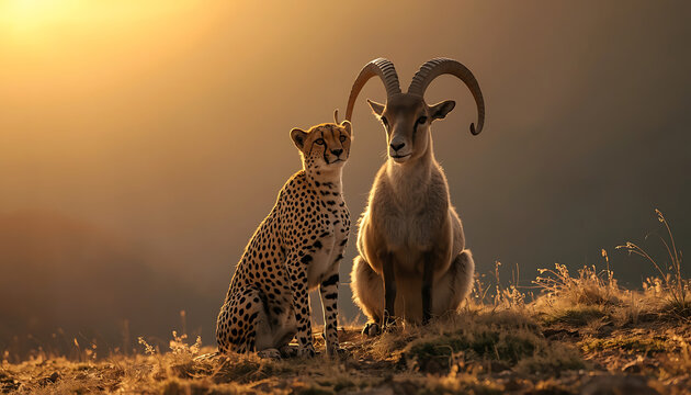 Cheetah and wild mountain goat sitting together peacefully on a grassy hill during golden hour sunset transparent background