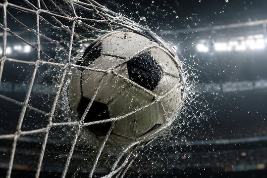Ultra close-up of a football (soccer) ball exploding into the goal net at high speed, stretched net fibers wrapping around the ball