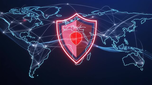 サイバーセキュリティの世界地図とデータ防御の3Dモーショングラフィックス