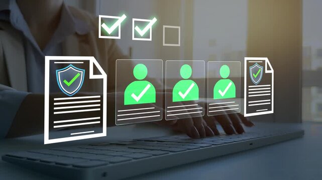 Digital documents with check marks verified staff records and online HR management. Employee approval process management.