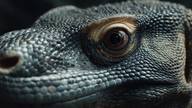 Macro shot of a reptile's face, close-up on the eye. The textured skin is detailed