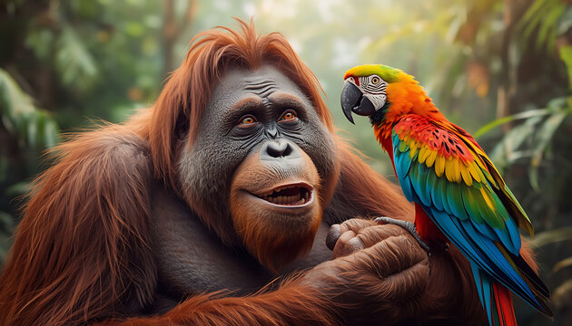 Majestic orangutan and vibrant colorful macaw parrot share a unique gentle moment in a lush tropical rainforest environment transparent background