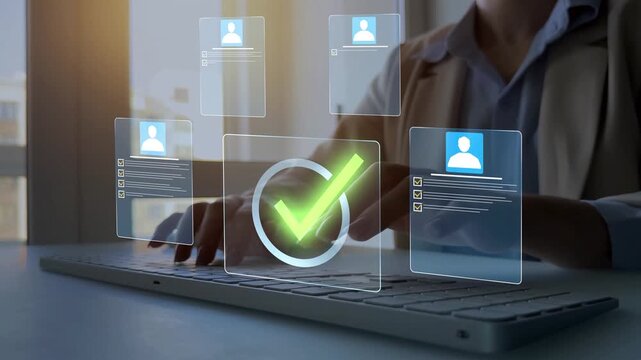 Business recruitment workflow with employee applications. CV review and hiring approval process displayed on digital interface in corporate.	
