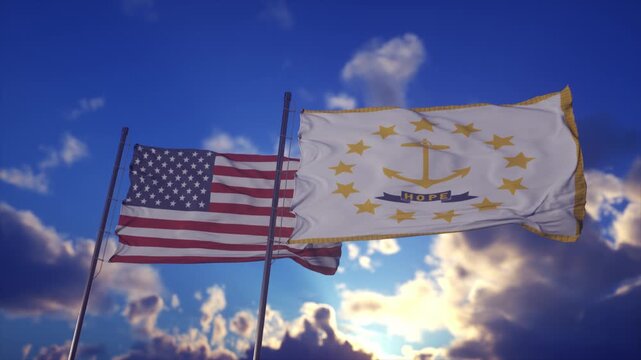 Cinematic Low Angle View of USA and Rhode Island Flags
