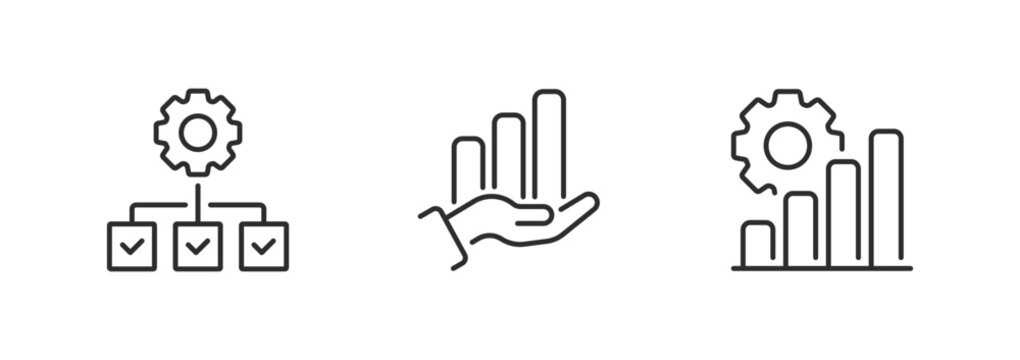 A trio of black line icons: left shows a gear connected to three checkboxes, middle depicts a hand supporting upward-growing bar elements, right features a bar chart integrated