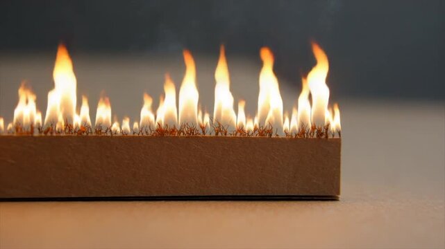 A rectangular form, seemingly made of cardboard, with fiery flames dancing on the top