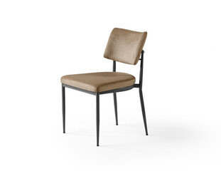 Obraz premium Two different angles of a modern minimalist chair with a black metal frame and brown textured fabric upholstery. isolated on white background.