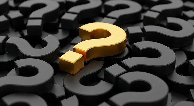 A single golden 3D question mark standing out among many black question marks on a dark surface representing a unique idea or the right answer to a complex problem with question solution curiosity