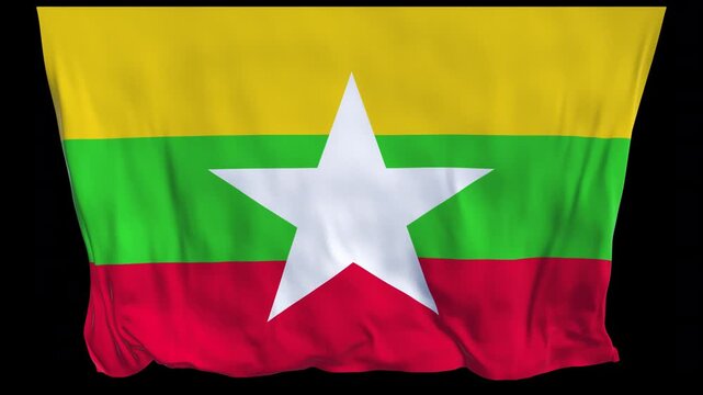 Realistic animation of the flag of Myanmar waving in the wind, perfect for news, travel, diplomacy, political content, cultural projects, national holidays, educational videos, presentations, and web 