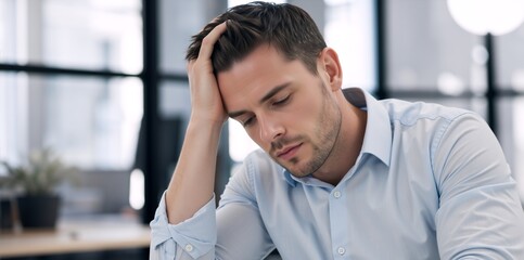 Obraz premium Stressed young businessman with a headache resting his head on his hand in an office. Tired male professional experiencing burnout or fatigue at work