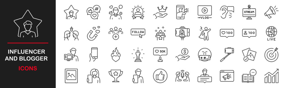Influencer and blogger  icon set. Containing influencer, content, creation, vlogging, blog, vlogger, social media, video equipment, digital marketing and more. Vector illustration