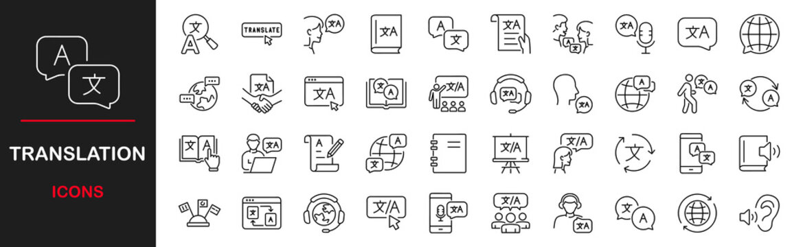 Translation icon set. Included the icons as translate, translator, language, bilingual, dictionary, communication and more. Linguistics concept. Set of line icons. Vector illustration
