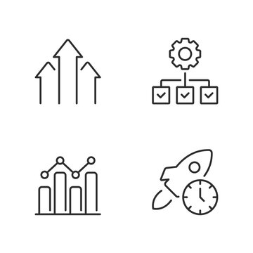 Four outlined icons depict upward arrows representing growth, a gear with a connected checklist symbolizing settings and workflow, a bar chart with a line illustrating data