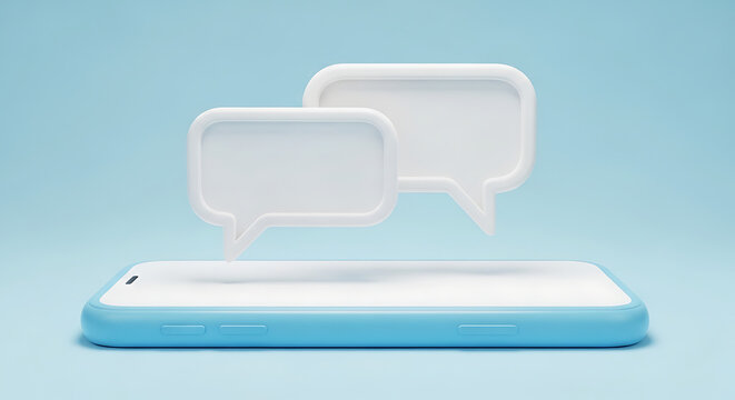Minimalist 3D render of a blue smartphone with two white speech bubbles floating above it symbolizing online communication and messaging smartphone communication notification feedback connection