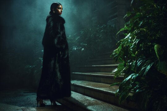 Dark mist shrouds a solitary figure in fur. Stairs descend into shadowy greenery. Muted light highlights her poised, quiet stance. She gazes forward, calm and resolute. Suitable for mystery, thriller