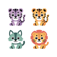 Fototapeta premium Safari Baby Animals With Tiger Leopard Wolf And Lion, Cubs, Modern Sticker Pack, Flat Vector Icons, Clipart Collection, Decorative Elements