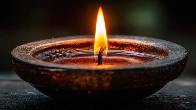 Close-up of a lit candle in a rustic bowl, with a warm flame against a dark backdrop