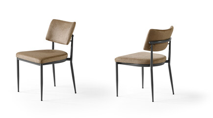 Obraz premium Two different angles of a modern minimalist chair with a black metal frame and brown textured fabric upholstery.isolated on white background.