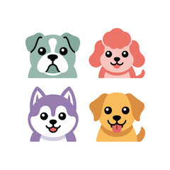 Naklejka premium Dog Breed Faces Including Bulldog Poodle Husky And Retriever, Bold Color Blocks, Trendy Cute Style, Sticker Pack, Flat Vector Icons