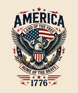 Vintage American patriotic eagle emblem design featuring a majestic bald eagle US flag and historical text for independence day celebrations Vintage Retro usa 250th year celebration tshirt design