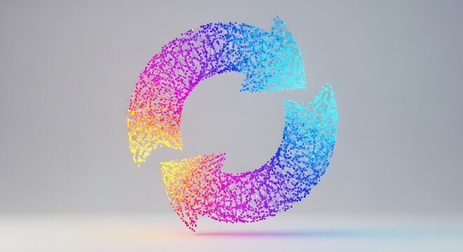 Abstract circular symbol featuring two arrows made of colorful particles representing a continuous cycle of recycling and sustainability colorful particle ecosystem environment