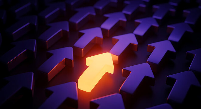 Glowing orange arrow pointing in the opposite direction of purple arrows representing leadership uniqueness standing out from the crowd leadership difference direction standout individual