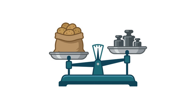 A vintage mechanical balance scale weighing a sack of potatoes against metal weights.