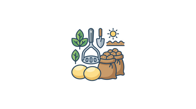A collection of farming and agriculture icons featuring potatoes and gardening tools.