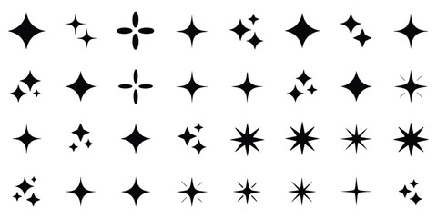 Sparkle and star icons set featuring black shiny glitter symbols for magic decoration and effects © MdOmar