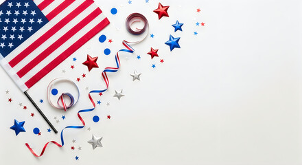Fototapeta premium Patriotic celebration background with american flag and red white and blue decorations
