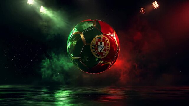 Epic Cinematic Football Moment A suspended PORTUGAL ball shines in a dramatic arena, embodying the spirit of OS NAVEGADORES for the WORLD CUP 2026