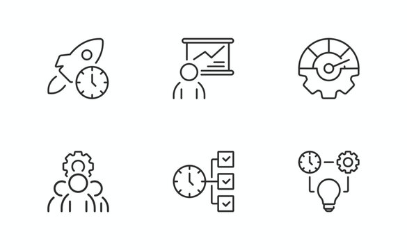 A concise set of six simple line icons depicting core business concepts such as launch, presentation, measurement, teamwork, workflow, and ideas. Clean strokes with minimalist