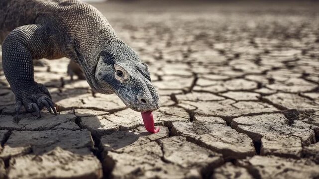 A close-up of a large lizard with a forked tongue on cracked earth