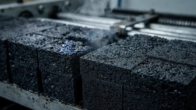 Medium shot focusing on highstyrene styrenebutadiene rubber blocks during molding and cooling showcasing the dense structure and vibrant raw material quality
