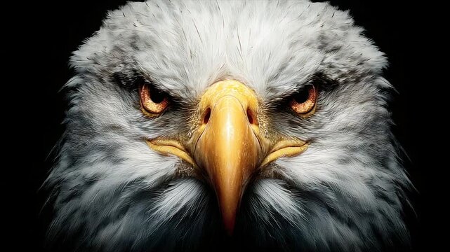 Close-up of an eagle's face, striking and focused, with piercing amber eyes against black