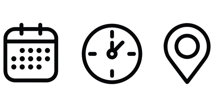 Calendar clock and location pin icon set time schedule and map pointer vector symbol isolated black