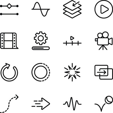 Motion graphics and video editing animation outline line icon set