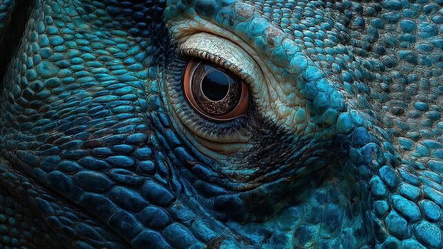Close-up of a reptile's eye, with detailed scales in shades of teal and blue