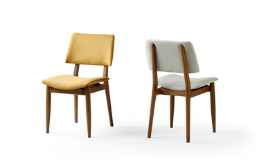 Obraz premium Two modern wooden dining chairs with yellow and grey fabric upholstery. Contemporary timber chairs shown from front and back perspective angles, isolated on white background.