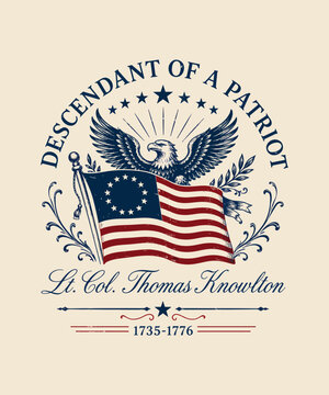 Vintage patriotic American eagle and historic flag graphic honoring revolutionary war ancestry and patriot descendant with decorative flourishes Vintage Retro usa 250th year celebration tshirt design