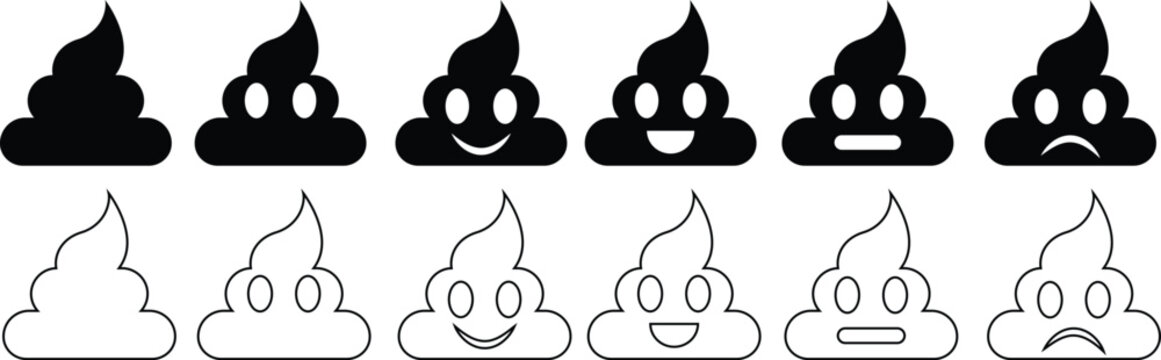 Poop emoji icon set. Emotional shit vector. Happy emoji, emoticons and sad. Pin, patch, stamp, icon, sticker collection isolated on transparent background. Cartoon emoji faces in different expressions