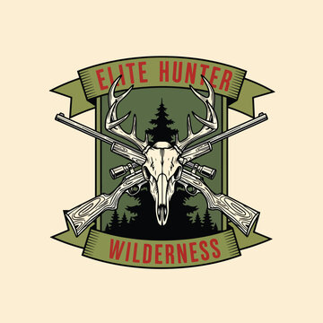 Vintage style emblem with deer skull antlers and crossed hunting rifles.