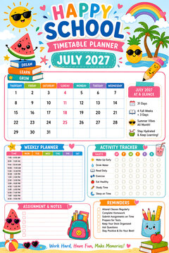 July 2027 Monthly School Timetable Planner with Summer Beach and Fruit Theme