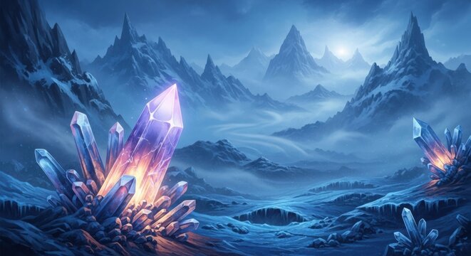 Majestic glowing crystal formation in a frozen mountain landscape